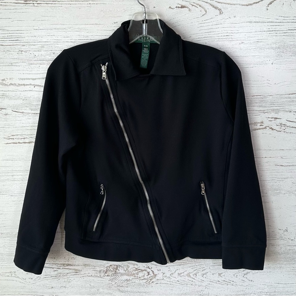 LAUREN RALPH LAUREN Stretch Jersey Knit Cropped Asymmetrical Moto Jacket Black